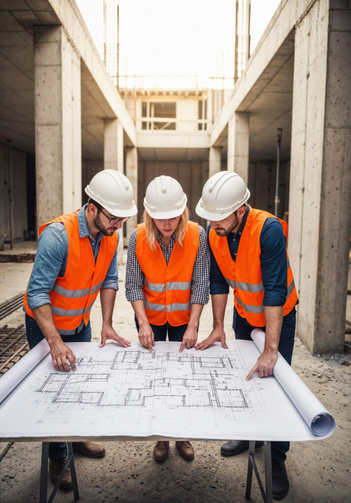 construction-workers-examining-architectural-blueprint